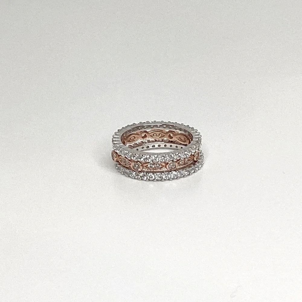 Sizes 4-10, 3 Pc Two Tone .925 Cz Eternity Band Ring Set - Picture 11 of 16